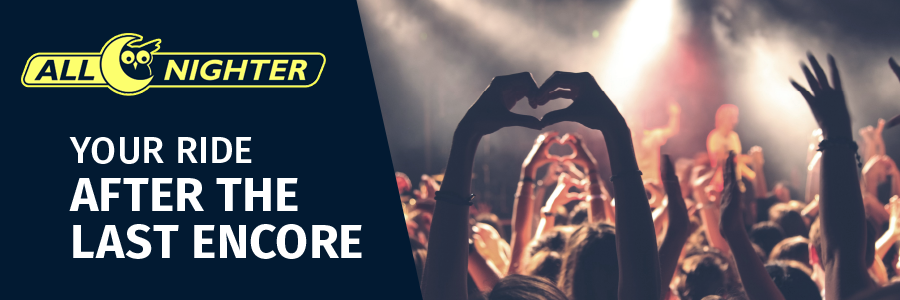 All Nighter logo with a concert image of hands 
