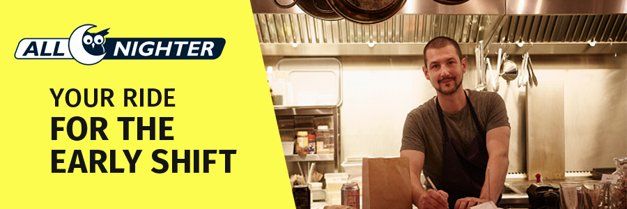 All Nighter Logo with a picture of a man standing in a kitchen 