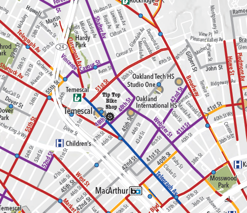 Map of the city of Oakland zoomed in