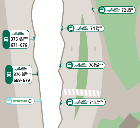 Zoomed out map showing AC Transit and WESTCAT routes