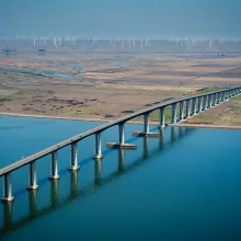 An aerial view of the Antioch Bridge