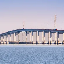 A side view of the San Mateo-Hayward Bridge