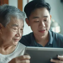 a young man helping a senior woman use a tablet