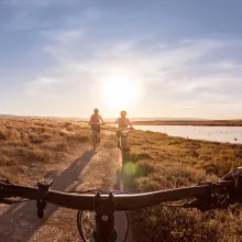 Three people riding bikes into the sunset