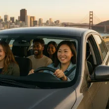 A happy group of friends carpooling with San Francisco in the background.  AI Generated image