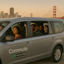 AI Generated image of happy people vanpooling in the SF Bay area