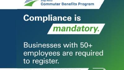 The bay area commuter benefits logo at the top with the text "compliance is mandatory. Businesses with 50+ employees are required to register. enrollment is a breeze" at the bottom and an outline of a train 