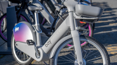 Picture of a Bay Wheels bicycle in a bike rack