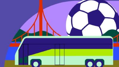 Purple background with the Golden Gate Bridge and a Soccer ball behind a bus