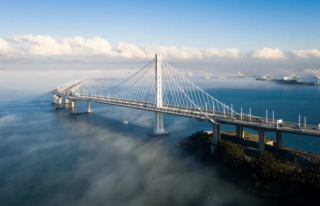 An aerial view of the San Francisco-Oakland Bay Bridge