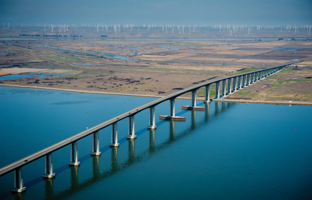 An aerial view of the Antioch Bridge