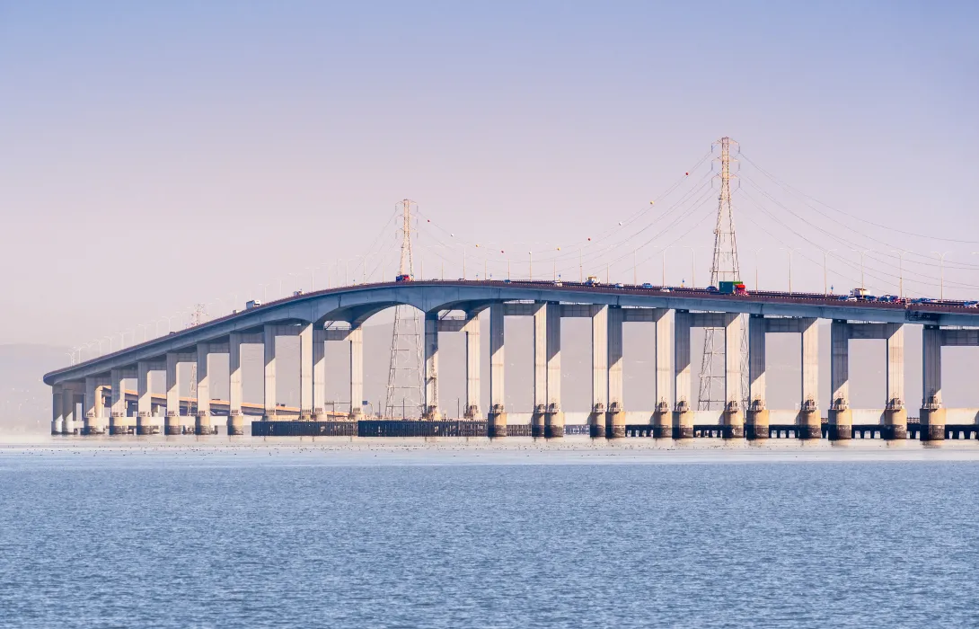 A side view of the San Mateo-Hayward Bridge