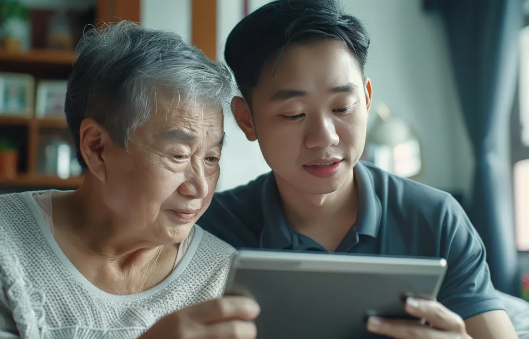 a young man helping a senior woman use a tablet