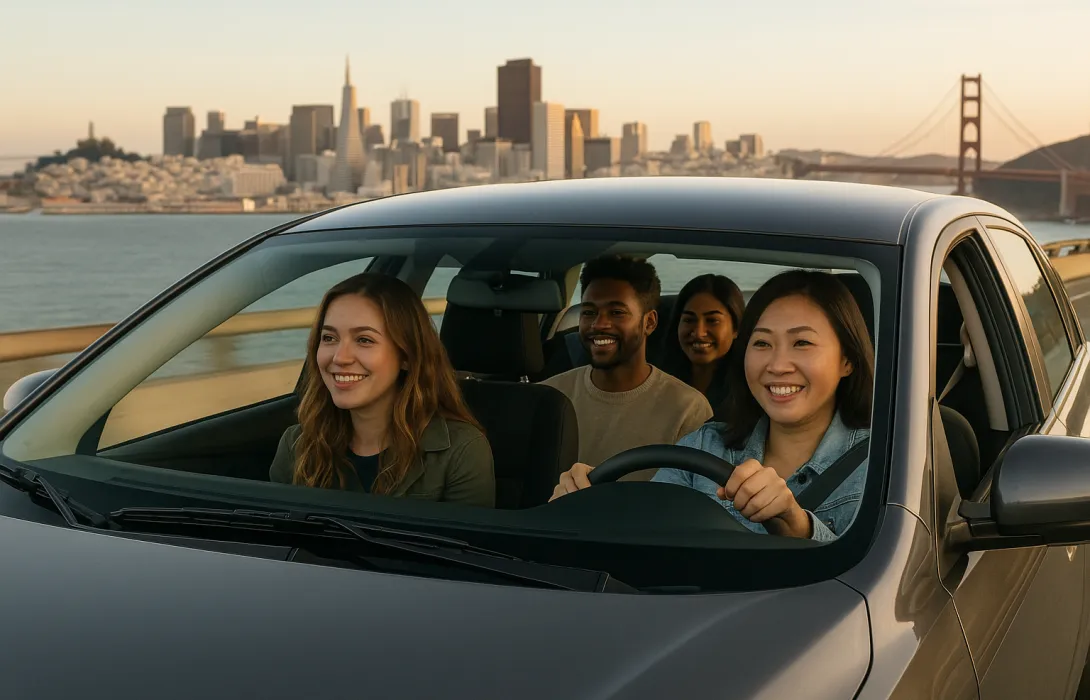 A happy group of friends carpooling with San Francisco in the background.  AI Generated image