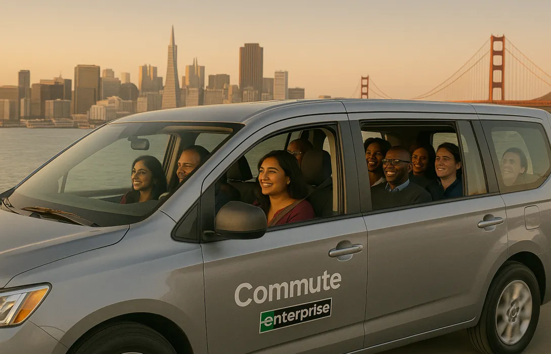 AI Generated image of happy people vanpooling in the SF Bay area