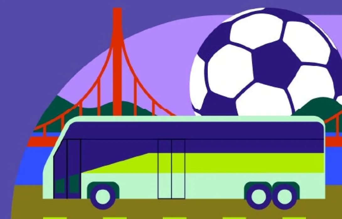 Purple background with the Golden Gate Bridge and a Soccer ball behind a bus